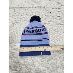 Patagonia Pom Beanie Hat Blue Logo Stripe Winter Knit One Size
